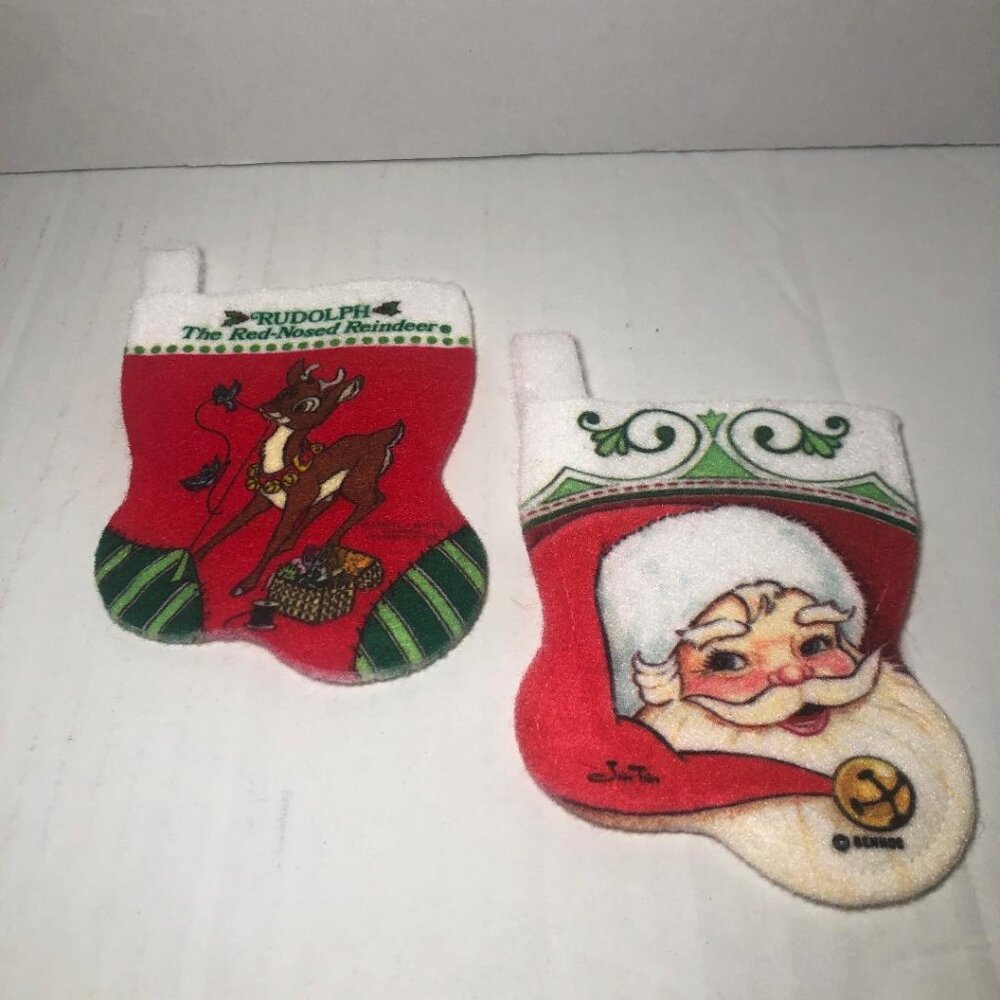 2 Vintage Mini Christmas Stocking Santa Claus & Rudolph The Red Nosed Reindeer